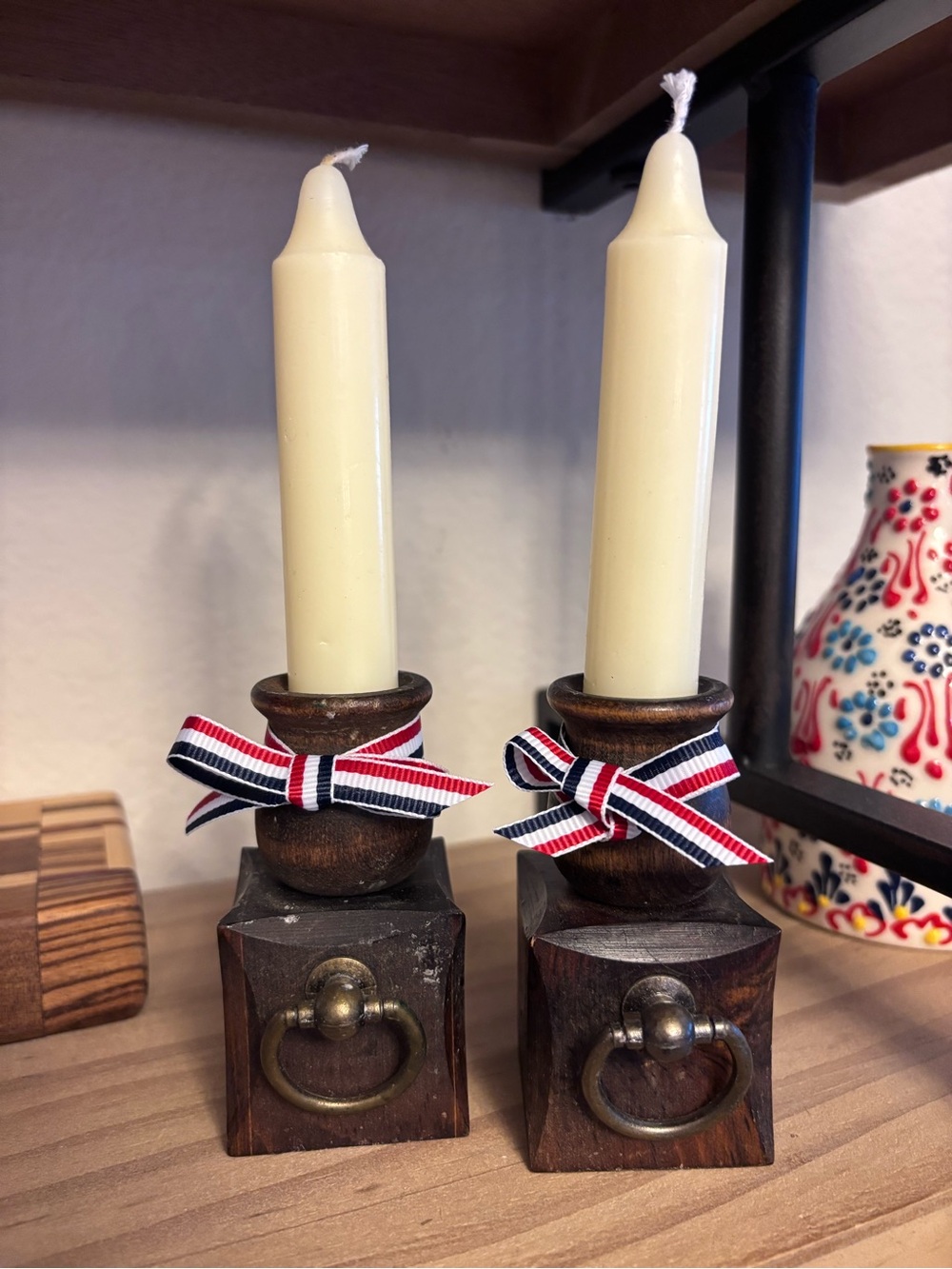 Wooden Square Base Candle Holders with Ivory Taper Candles